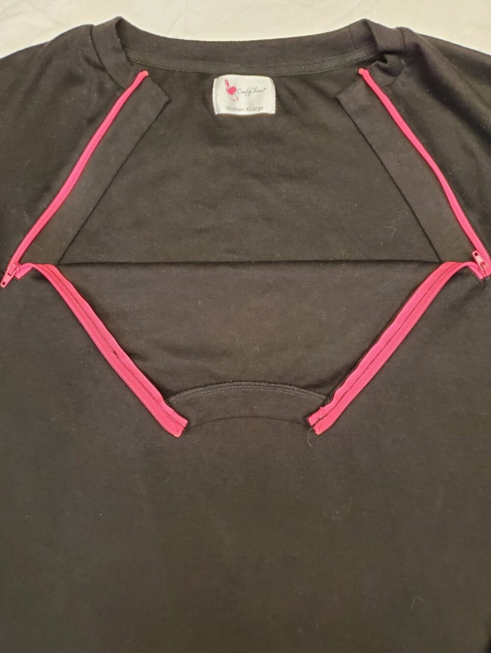 ComfyChemo Port Access Shirt Women XL Black Hot Pink Zip Long Sleeve Chemo